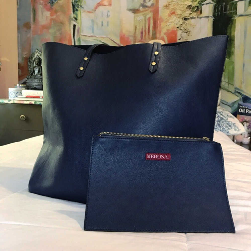 navy blue leather tote bag